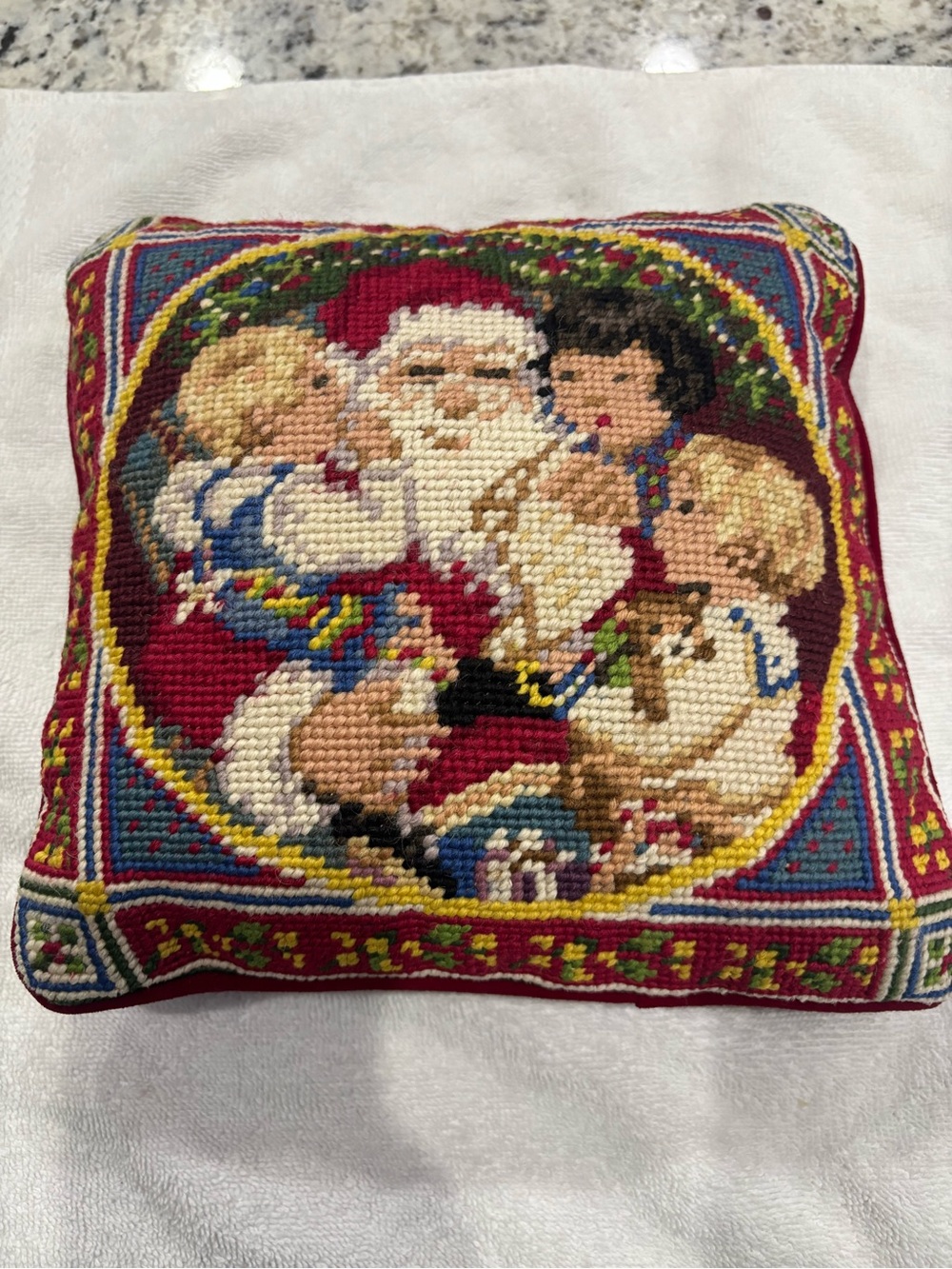 Vtg Christmas Needlepoint Santa & Children Pillow 9x9 Velvet Back cottagecore